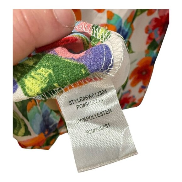 SUNNY LEIGH women's flowy ruffle floral blouse white background size large beach - Picture 5 of 6